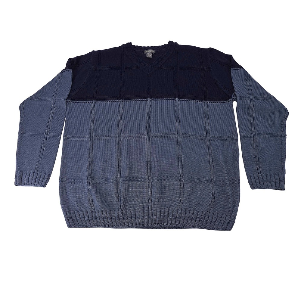 Cortina Men V Neck Long Sleeve Sweater‎ Blue Gray Plaid Knit Size L